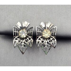 VTG Bugbee Niles Clear Rhinestone Filigree Bows Screw Back Earrings Silver Tone